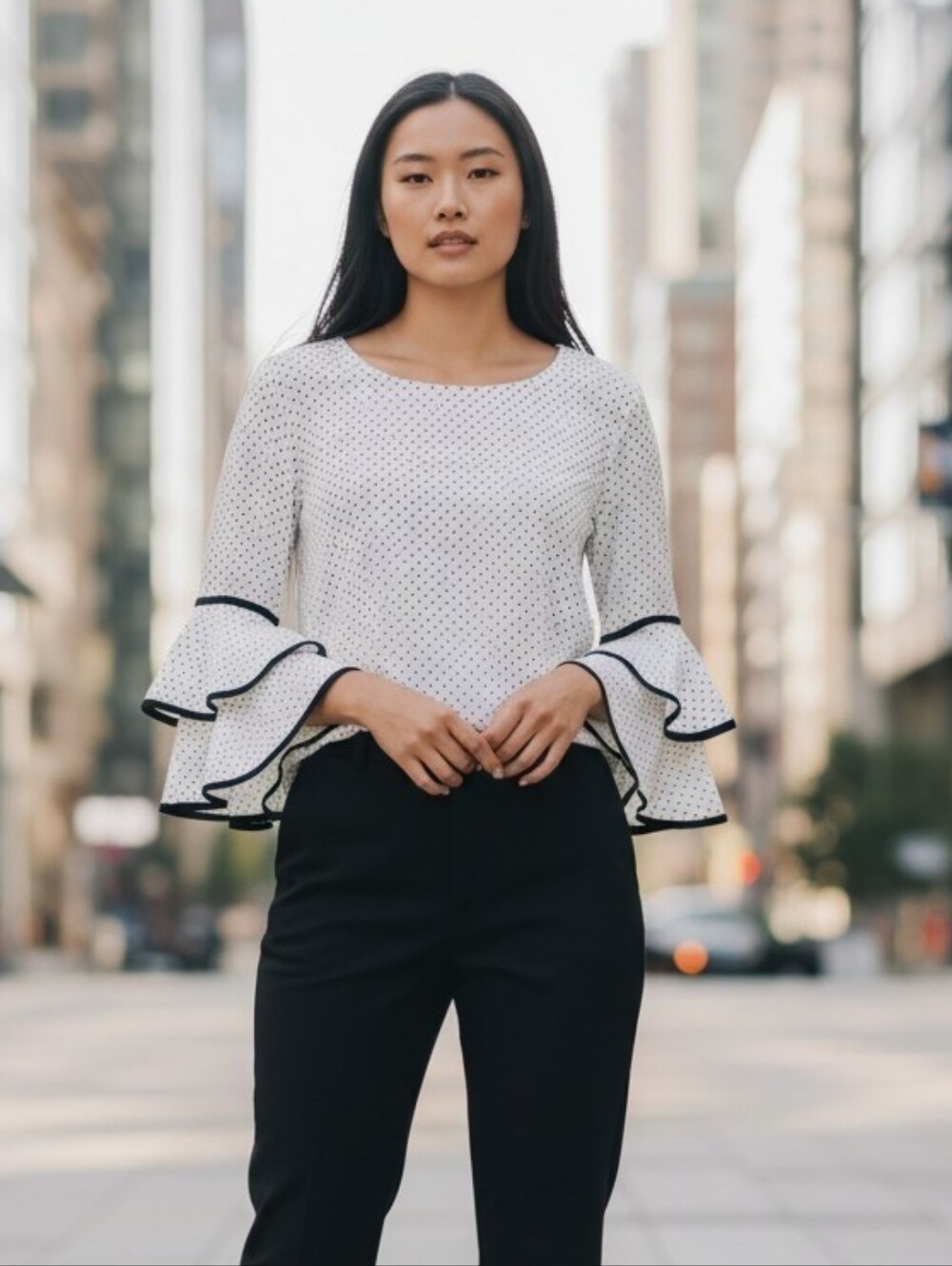 W5 White Polka Dot Blouse with Black Trim and Tiered Ruffle Sleeves